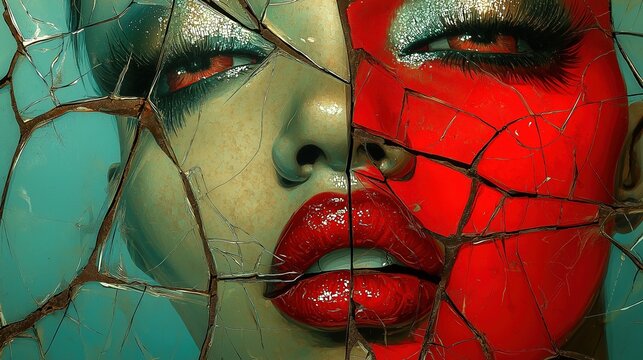 A cracked mirror reflects distorted facial features, representing the fragmented self-image associated with body dysmorphia
