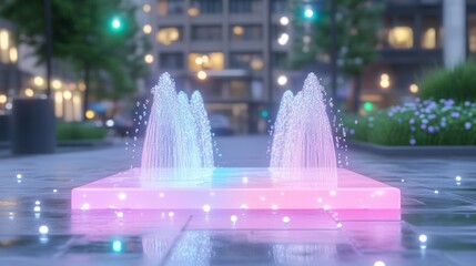 A vibrant fountain in a city square at night showcasing glowing blue, purple, and pink water jets amidst urban lights