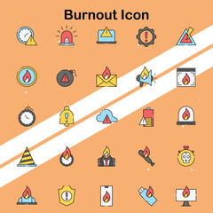 Set of burnout icons illustrating mental health and wellness issues perfect for awareness and health themes.