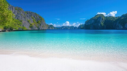 Fototapeta premium Discover a serene hidden cove with towering cliffs overlooking a calm lagoon and pristine white sandy shores in tropical paradise