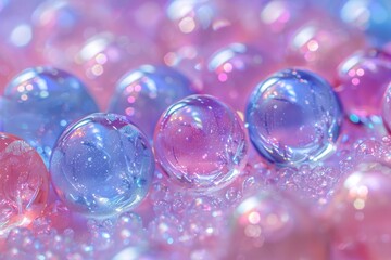 Translucent spheres rest on a glittery surface, reflecting pastel colors. Concept is soft and dreamy aesthetics. For decorative backgrounds or art projects