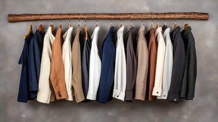A variety of garments, including coats and dresses in neutral hues, are elegantly arranged on a rack against a stylish gray backdrop