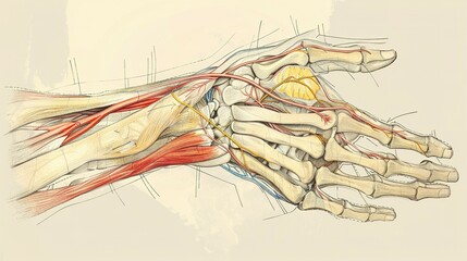Anatomical Illustration of the Human Hand with Muscles, Bones, and Nerves