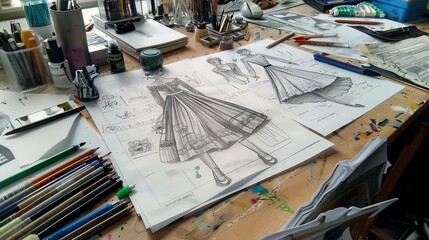 Fashion Design Sketches and Art Supplies on a Tabletop