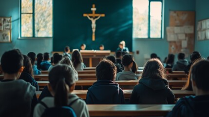 A warm and educational scene of children in a Catholic school classroom, learning about faith and religious teachings, with a crucifix prominently displayed on the wall