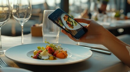 A food critic reviewing a dish in a restaurant with a smartphone and taking food photos for a blog, Modern lifestyle scene, Gastronomic style