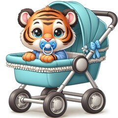 An adorable baby tiger with large, expressive eyes sits in a blue stroller, sucking on a pacifier. The cartoon style enhances its charm, creating a heartwarming scene.
