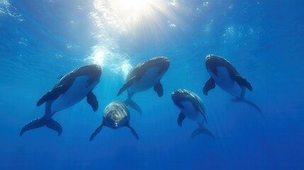Obraz premium A pod of whales swimming gracefully just below the ocean's surface, casting shadows in the tranquil blue waters