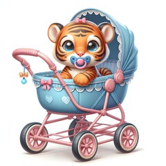 An adorable baby tiger with large, expressive eyes sits in a blue stroller, sucking on a pacifier. The cartoon style enhances its charm, creating a heartwarming scene.
