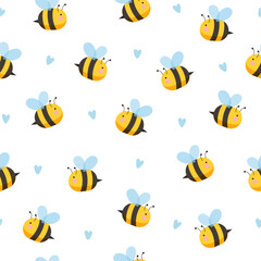 Cute cartoon bees with minimalistic blue hearts shape on white background.