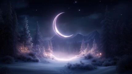 Serene New Year's Eve hike along a snowy mountain trail under the moonlight towards midnight fireworks