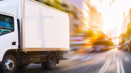 A delivery truck moves fast through a blurred city street. Concept of urban logistics and speed. For transportation services content.