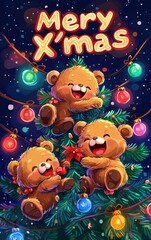 Fototapeta premium Three Bear Characters in a Christmas Tree