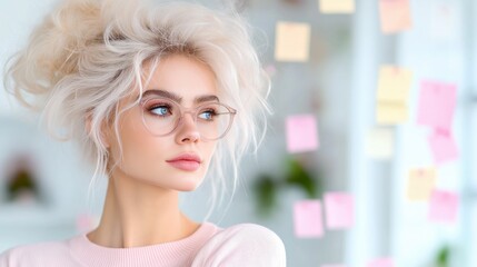 Team brainstorming session in a modern workspace with men and women actively contributing ideas using sticky notes on a glass wall