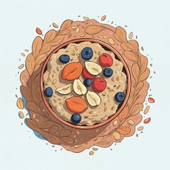 Colorful bowl of oatmeal topped with fresh berries and nuts illustrated from above