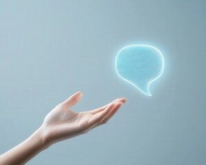 A hand reaching out toward a glowing digital speech bubble symbolizing communication and dialogue in a modern, abstract design. Ideal for technology and interaction themes.