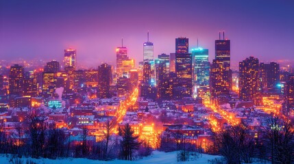 Obraz premium Vintage city skyline, skyscrapers bathed in neon, with streets below bursting with graffiti and artistic energy, creating a vibrant urban playground