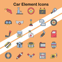 Set of car element icons depicting various vehicle parts ideal for automotive and mechanic themes.