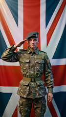 Fototapeta premium A young soldier in military uniform and a green beret salutes proudly against the backdrop of the Union Jack. For military-themed content, patriotism campaigns, or promotion of veteran events