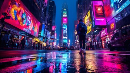 Obraz premium Urban cityscape with towering skyscrapers, neon graffiti glowing in the streets below, capturing the contrast of concrete and bright creative energy