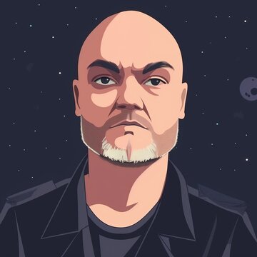 A minimalist digital portrait of a bald man with a goatee, set against a starry cosmic background. The stylized design focuses on sharp features and clean lines.