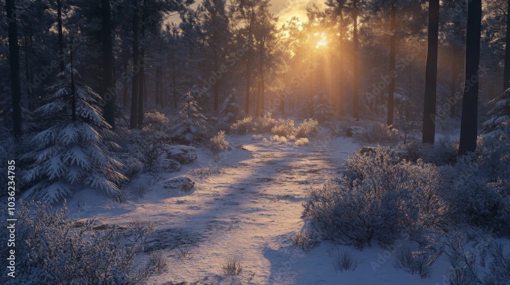 Poster a snowy path winds through a forest, with sunlight breaking through the trees, illuminating the snow