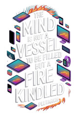 Obraz premium a quote from Plutarch on a black background, surrounded by colorful illustrations of electronic devices 