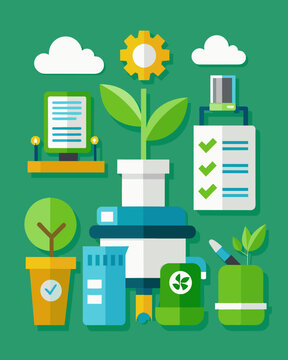 An office implements a green purchasing policy selecting office supplies and equipment with ecofriendly certifications.. Vector illustration
