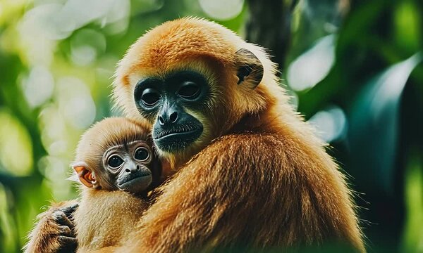 A close-up of a mother monkey holding her baby in a lush green environment.