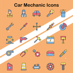 Collection of car mechanic icons representing repair and maintenance services perfect for automotive themes.