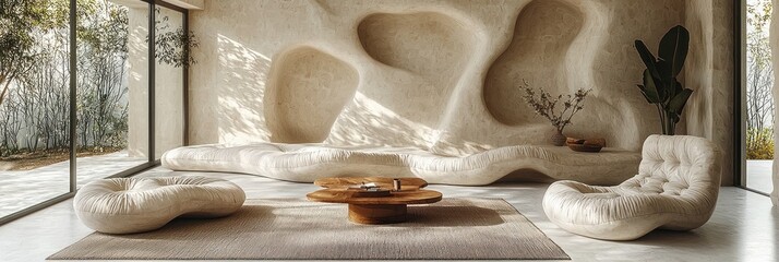 Modern Living Room with Organic Shaped Furniture and Textured Walls