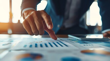 A businessman confidently points at a graph illustrating significant economic growth with important documents spread across the table capturing the essence of financial analysis in the corporate world