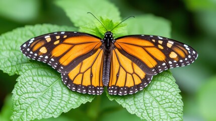 Naklejka premium A vibrant orange monarch butterfly resting on a green leaf under natural daylight in a serene garden setting