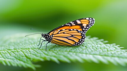 Obraz premium A vibrant orange monarch butterfly perched delicately on a green leaf showcasing its intricate wing patterns