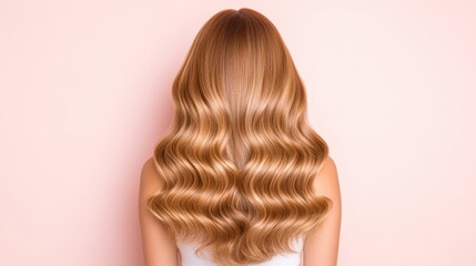 Fototapeta premium Long, cascading chocolate brown curls with golden balayage highlights against a neutral beige background