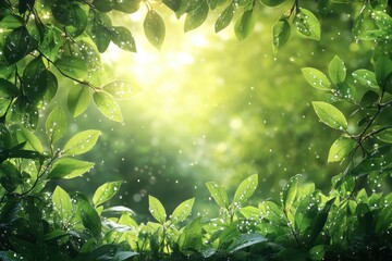 A sunlit forest canopy with lush green leaves glistening after a light rain in a tranquil natural setting
