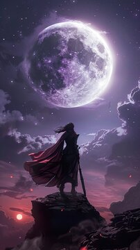 Woman in Silhouette with Sword Facing the Moon