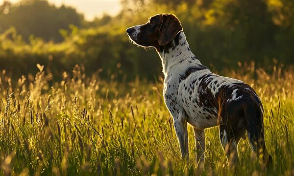 A dog stands alert in a sunlit field, surrounded by tall grass and a serene backdrop.