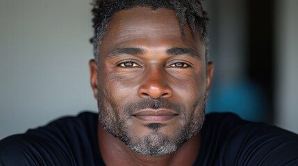 A rugged man with deep-set eyes and a crooked smile showcasing the texture of his skin in a monochrome outfit