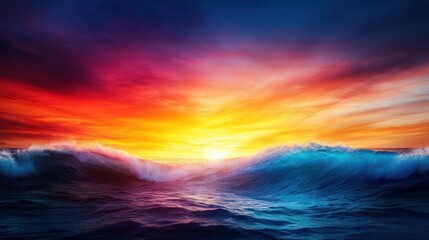 Obraz premium Wave energy sunset over ocean waves at dusk.