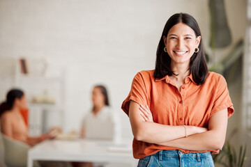 Office, businesswoman and portrait with confidence for creative agency, leadership and startup...