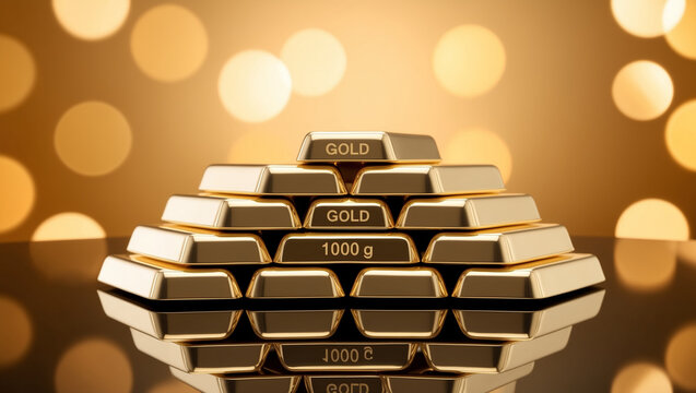 A pyramid of gold bars with a shiny, reflective surface is displayed against a blurred background of golden lights.