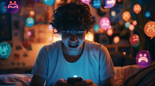 In a cozy dimly lit room a young man interacts with his smartphone while vibrant social media reaction emojis float around him adding a playful and engaging touch to his digital experience