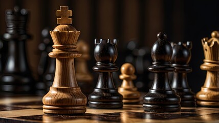 Fototapeta premium A close-up of a chessboard with wooden and black pieces arranged.