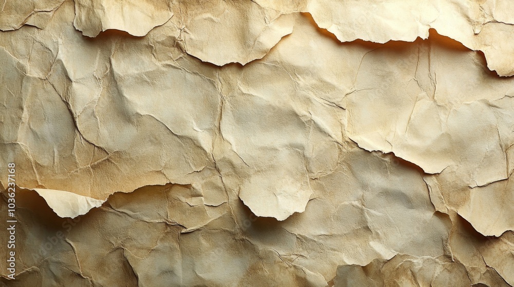 Aufkleber the composition features a close-up of crumpled brown paper, showcasing organic textures, shadows, a