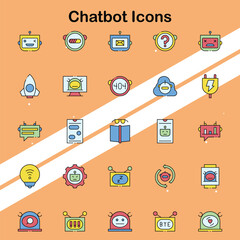 Set of chatbot icons illustrating artificial intelligence and automated communication perfect for tech and customer service themes.