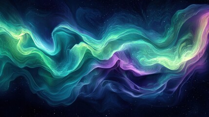A mesmerizing and colorful abstract representation of cosmic waves, blending green, purple, and blue hues set against a dark backdrop.