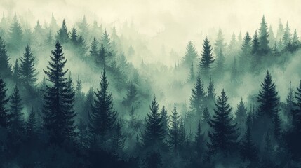 A serene misty forest landscape with tall evergreen trees standing amidst a foggy backdrop, creating a tranquil atmosphere.