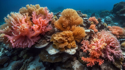 Obraz premium Vibrant Coral Reef With Bright Pink And Orange Coral Structures In A Lush Underwater Scene Creating A Lively Marine Ecosystem