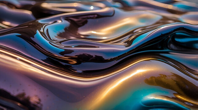 Smooth Metallic Surface With Flowing Ridges Reflecting Vibrant Colors Of Blue And Gold Creating An Abstract Liquid Aesthetic Design - Powered by Adobe